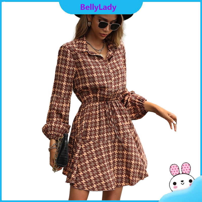 100%polyester Autumn Winter Popular Women Long-sleeved Plaid Dresses