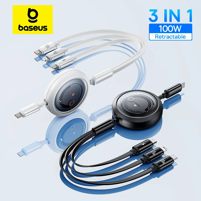 Baseus 100W 3 In 1 Retractable USB Phone Data Cable Type C Fast Charging Cable For iPhone Huawei Xiaomi Android Micro