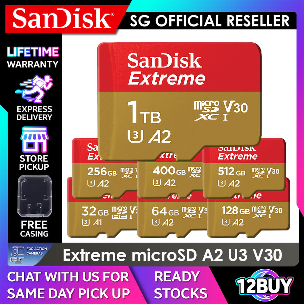 SanDisk Extreme microSD Card Full 4K V30 U3 UHS-I C10 32GB 100mb/s 64GB 170MB/s 128GB 256GB 400GB 512GB 1TB 190MB/s 160mb/s QXAF QXAH QXAA QXAV 12BUY.MEMORY