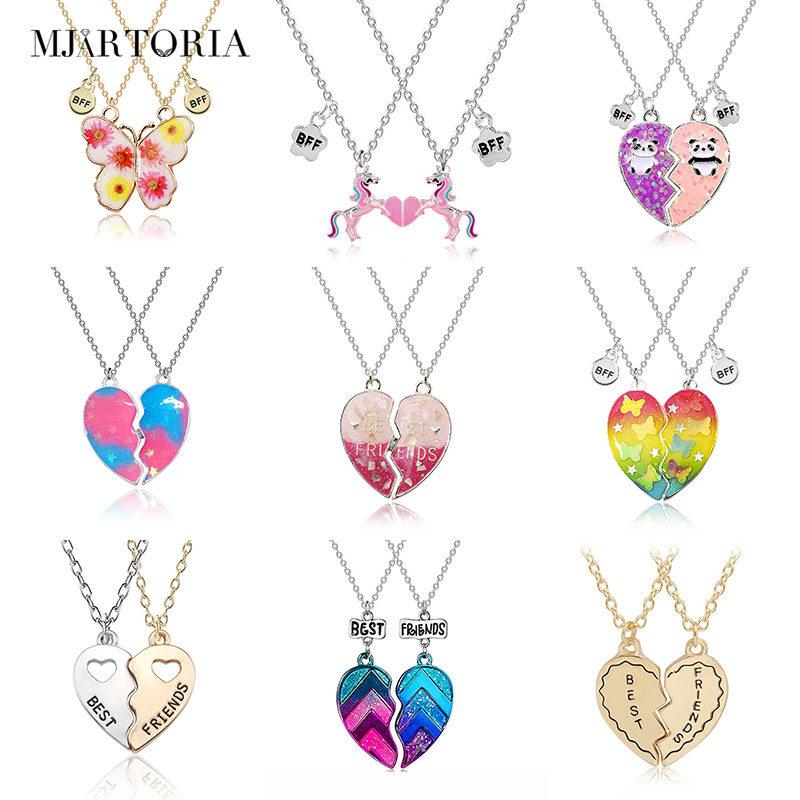MJartoria Rantai BFF Best Friends Couple Pendant Necklace 2 Pcs Rainbow Broken Heart Butterfly Good Friends Friendship Jewelry Valentine's Day Gift