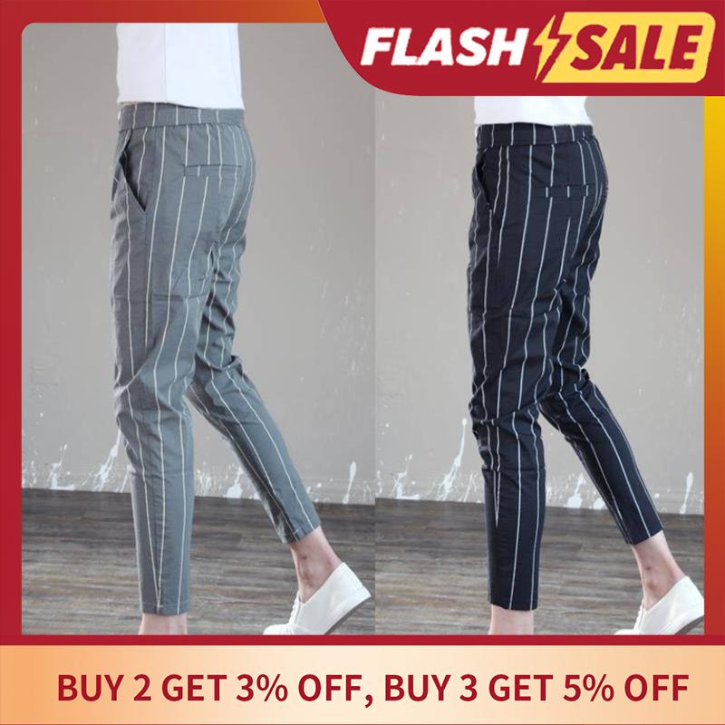 Korean Version Slim Fashion Casual Trend Vertical Stripes Nine Points Beam Trouser Pants for Young Men