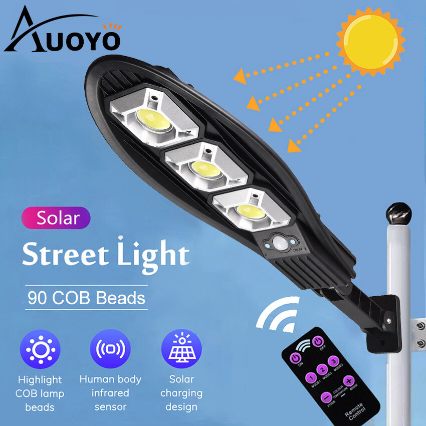 Auoyo LED Solar Light Outdoor Waterproof Solar Motion Sensor Wall Light Street Lamp IP65 Waterproof Adjustable 3 Modes Garden Decoration Street Lamp with Remote Control
