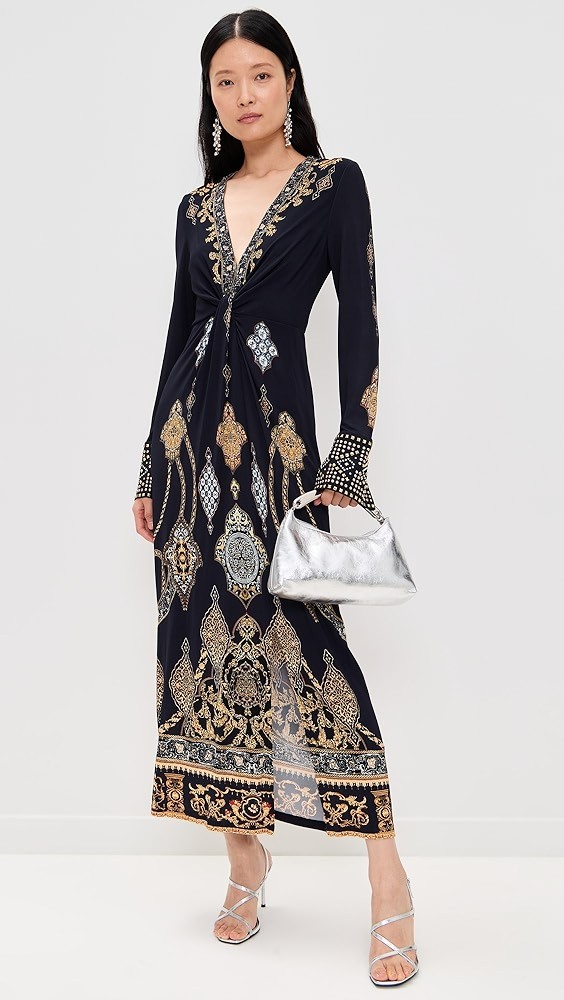 Long V Neck Twist Front Jersey Dress