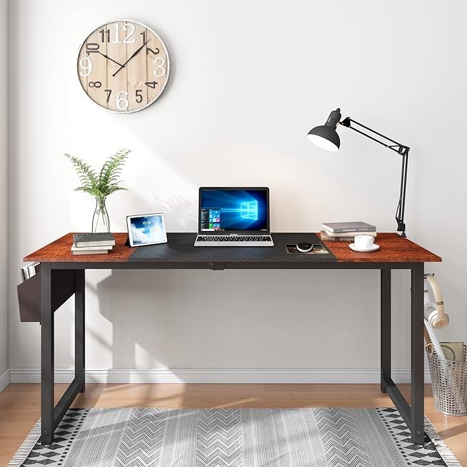 63 Inch Home Office Computer Two-Color Panel Desk with Storage Bag and Hook, Black, Sandalwood Color, Industrial Modern Laptop Desk