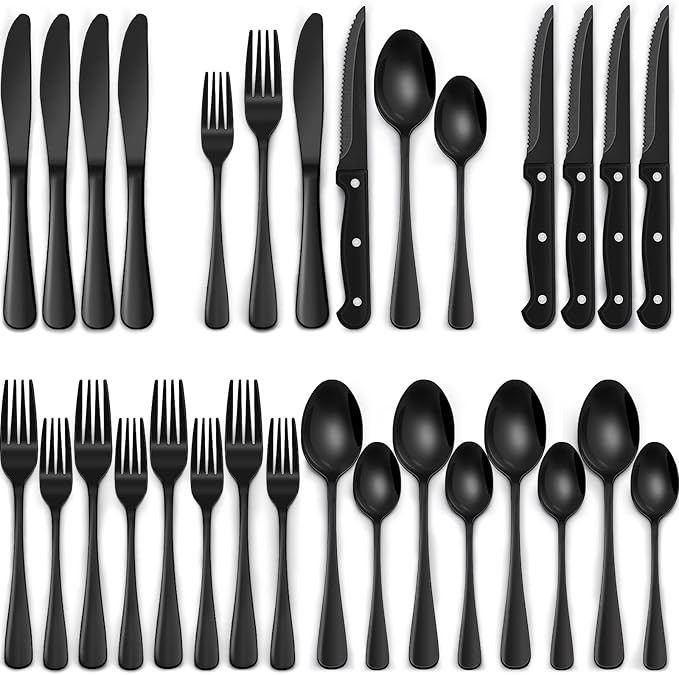 24-piece black silverware set with steak knives, black cutlery set, 4-piece set, food-grade stainless steel cutlery set, mirror-polished cutlery set for home dining