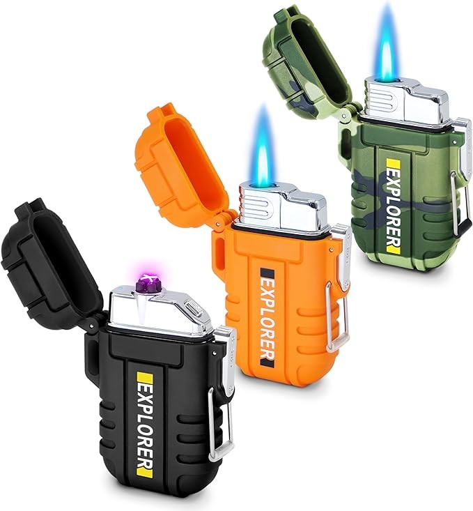 3-Pack Waterproof Lighters Outdoor Windproof Flashlights Dual Arc Lighters Butane Electric USB Rechargeable Flameless Plasma Lighters Camping Hiking Adventure Survival Tactical Gear